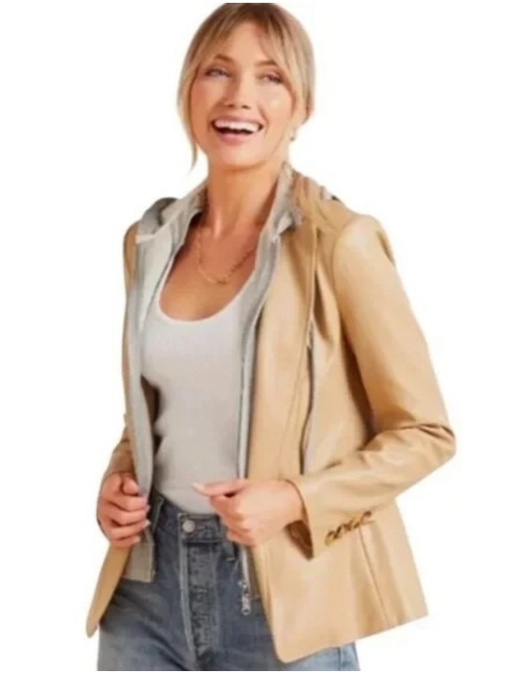Evereve Tan Faux Leather Blazer with Gray Hooded Insert